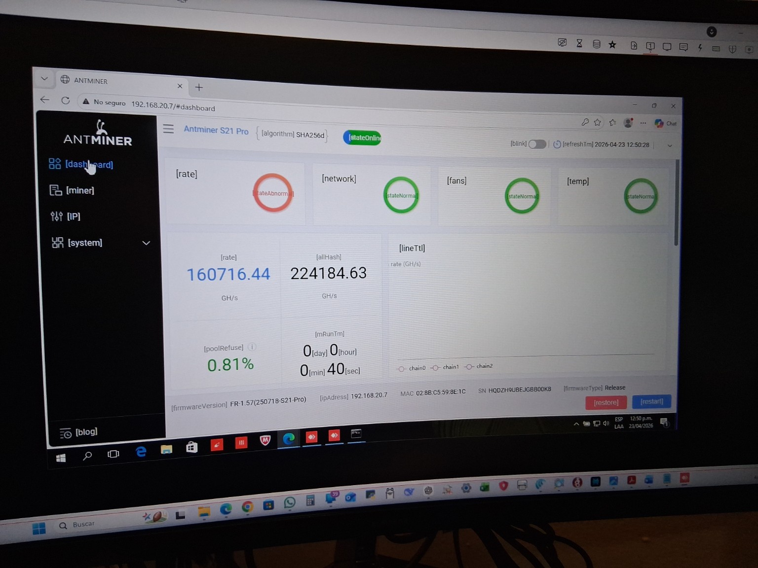 Dashboard real del Antminer S21 Pro