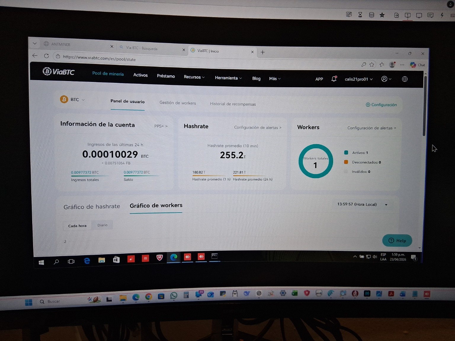 Panel real de ViaBTC con información de la cuenta y hashrate